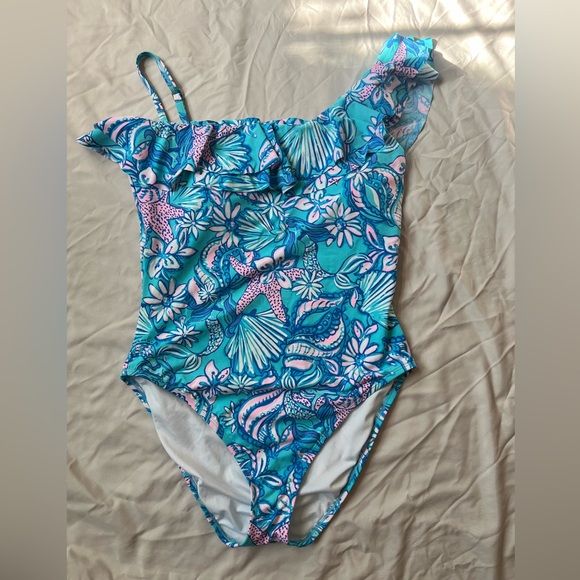 Lilly Pulitzer Tropical Blue and Pink One-Shoulder Swimsuit - Picture 3 of 4